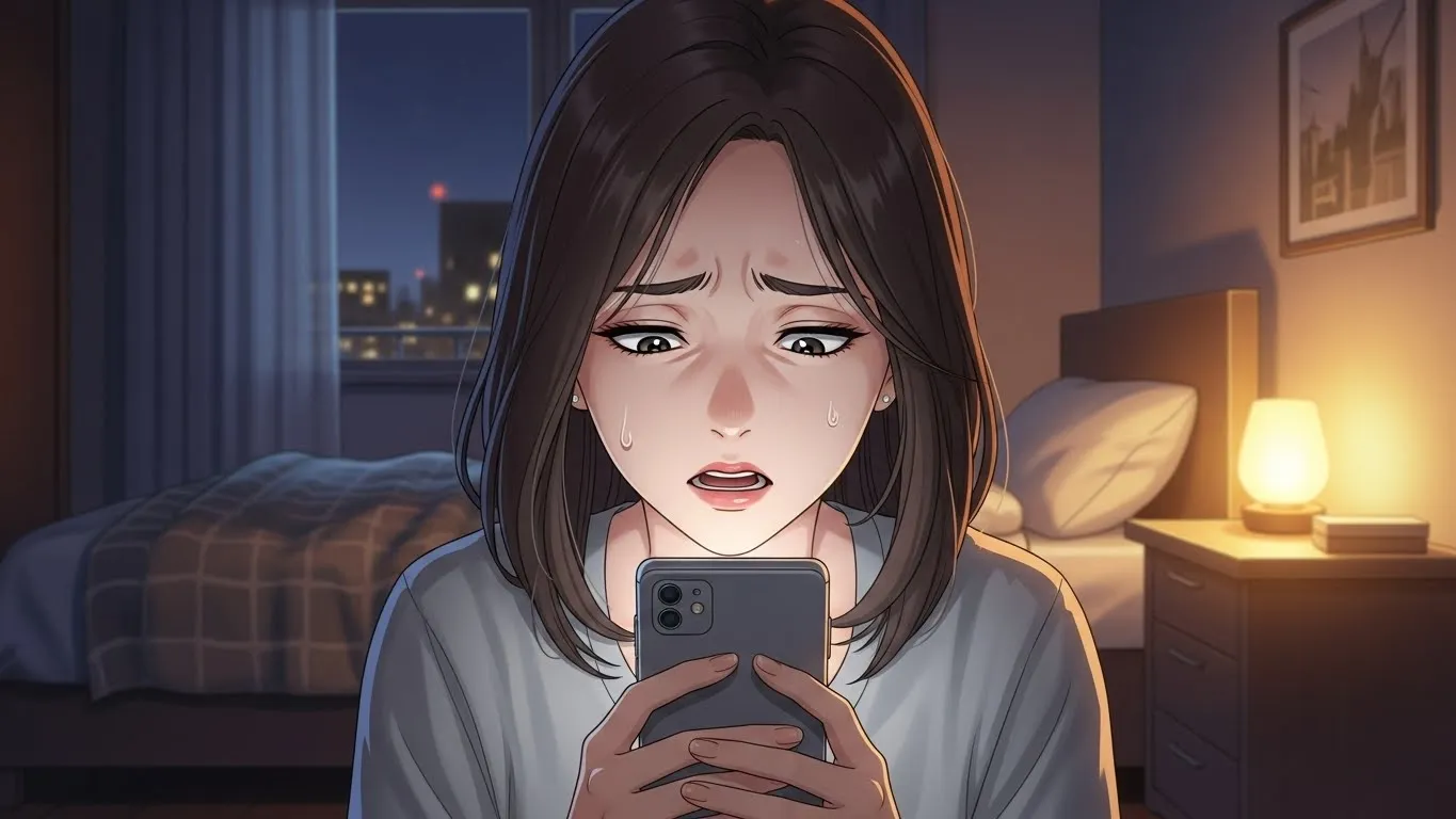 夜の部屋でスマートフォンを見つめ、不安そうな表情を浮かべる女性。LINEがそっけない彼氏に対して不安を感じている様子を描いたアニメイラスト。