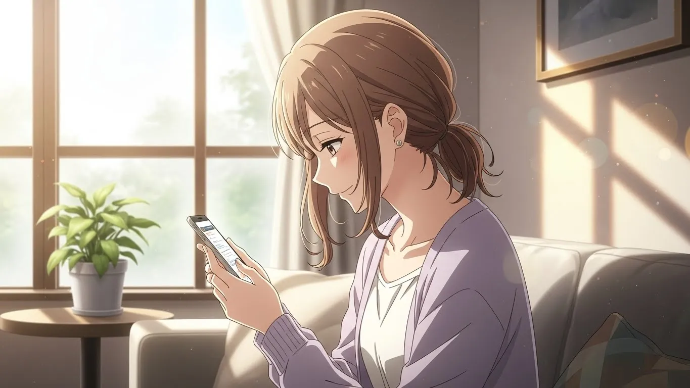 朝の光が差し込む部屋で、穏やかな笑顔でスマートフォンを見る女性。LINEがそっけない彼氏への上手な接し方を象徴するアニメイラスト。