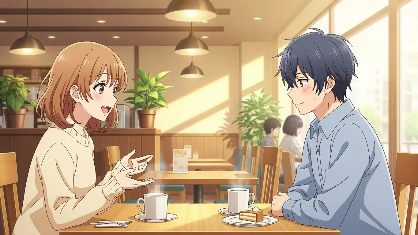 カフェで笑顔で話す男女のアニメイラスト。女性が楽しそうに話し、男性が少し照れながらも嬉しそうに聞いている姿が、正しい接し方や前向きな関係性を表している。