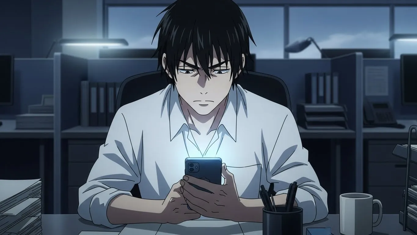 オフィスでスマホを見つめながら真剣な表情をしている男性のアニメイラスト。仕事中に考え込む姿から、LINEがそっけなくなる男性心理を象徴的に表現している。