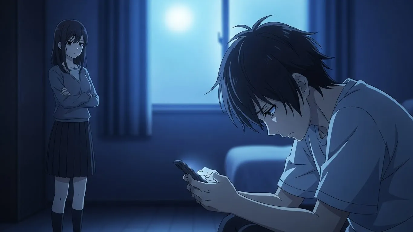 LINEで冷たい態度の女性に戸惑う男性を描いたアニメイラスト。夜の部屋で男性がスマホを見つめ、女性が少し距離を置いて見守っているシーン。