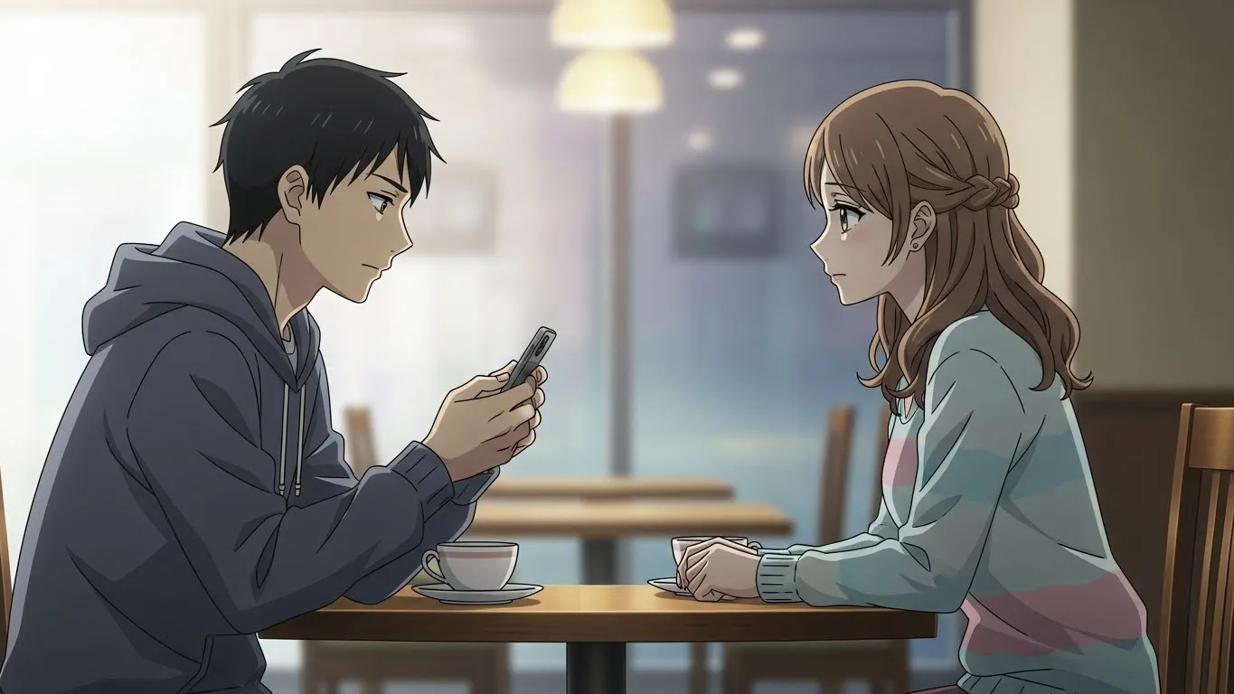 カフェでスマートフォンを見つめる男性と、少し切なげに向かい合う女性。LINEではそっけないのに会うと優しい彼氏の心理を表現したアニメイラスト。