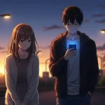 夕暮れの街を歩く男女。男性はスマートフォンを見つめ、女性は不安そうにうつむいている。LINEではそっけないのに会うと優しい彼氏の本音を象徴するアニメイラスト。
