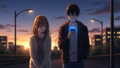 夕暮れの街を歩く男女。男性はスマートフォンを見つめ、女性は不安そうにうつむいている。LINEではそっけないのに会うと優しい彼氏の本音を象徴するアニメイラスト。