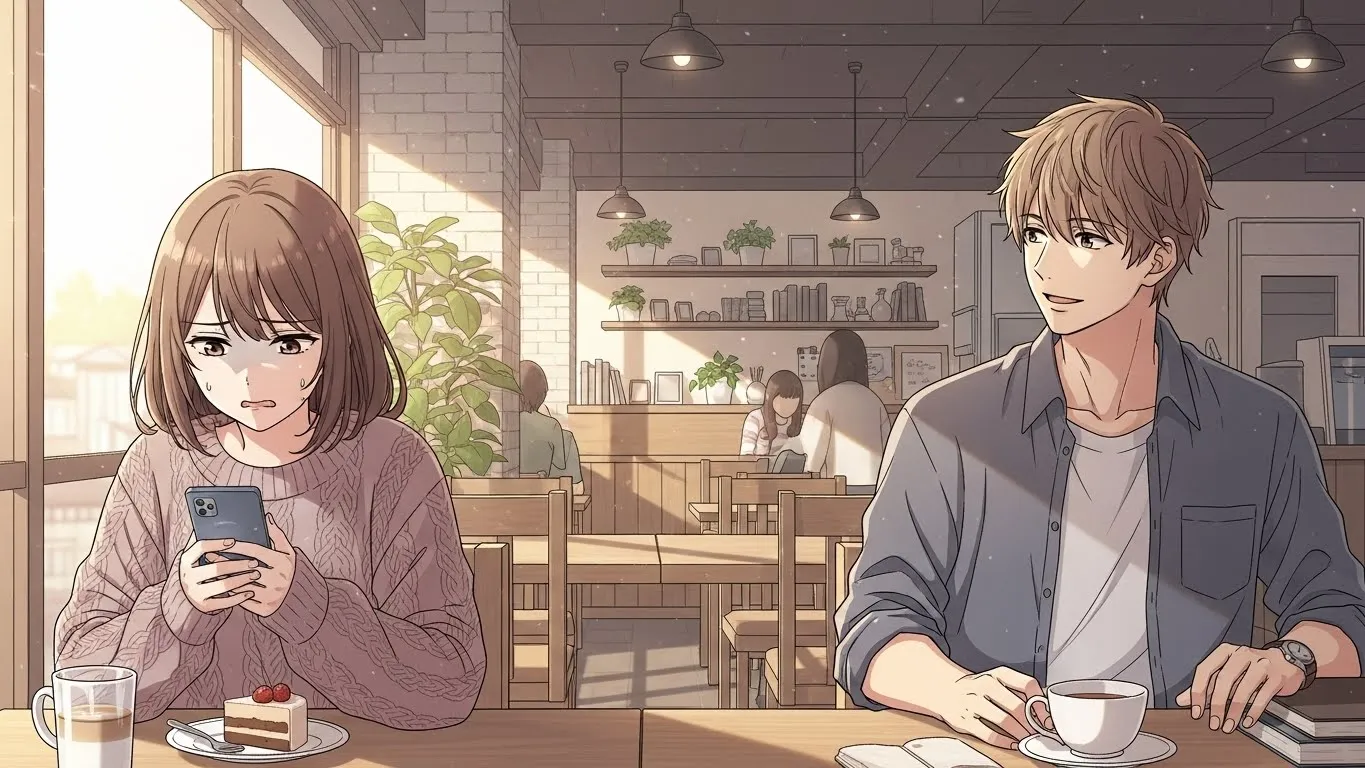 カフェでスマホを見つめて戸惑う女性と、優しく見守る男性のアニメイラスト。会うと優しい男性の本音に気づく瞬間を描いた構図。