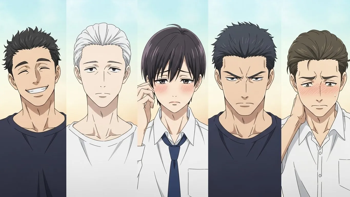 ５人の異なるタイプの男性キャラクターを並べたアニメイラスト。笑顔・照れ・無表情・真剣・恥ずかしさといった多彩な表情で、男性の本音５タイプを表現している。