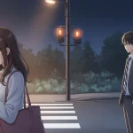 夜の街灯の下でスマホを見つめる女性と、少し距離を置いて見つめるスーツ姿の男性のアニメイラスト。LINEではそっけないが会うと優しい男性のギャップを象徴するシーン。