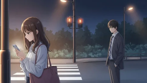 夜の街灯の下でスマホを見つめる女性と、少し距離を置いて見つめるスーツ姿の男性のアニメイラスト。LINEではそっけないが会うと優しい男性のギャップを象徴するシーン。