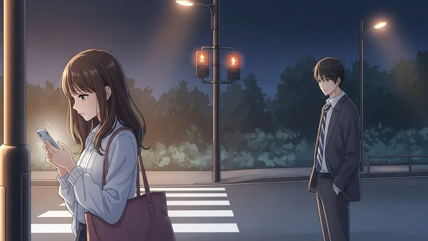 夜の街灯の下でスマホを見つめる女性と、少し距離を置いて見つめるスーツ姿の男性のアニメイラスト。LINEではそっけないが会うと優しい男性のギャップを象徴するシーン。