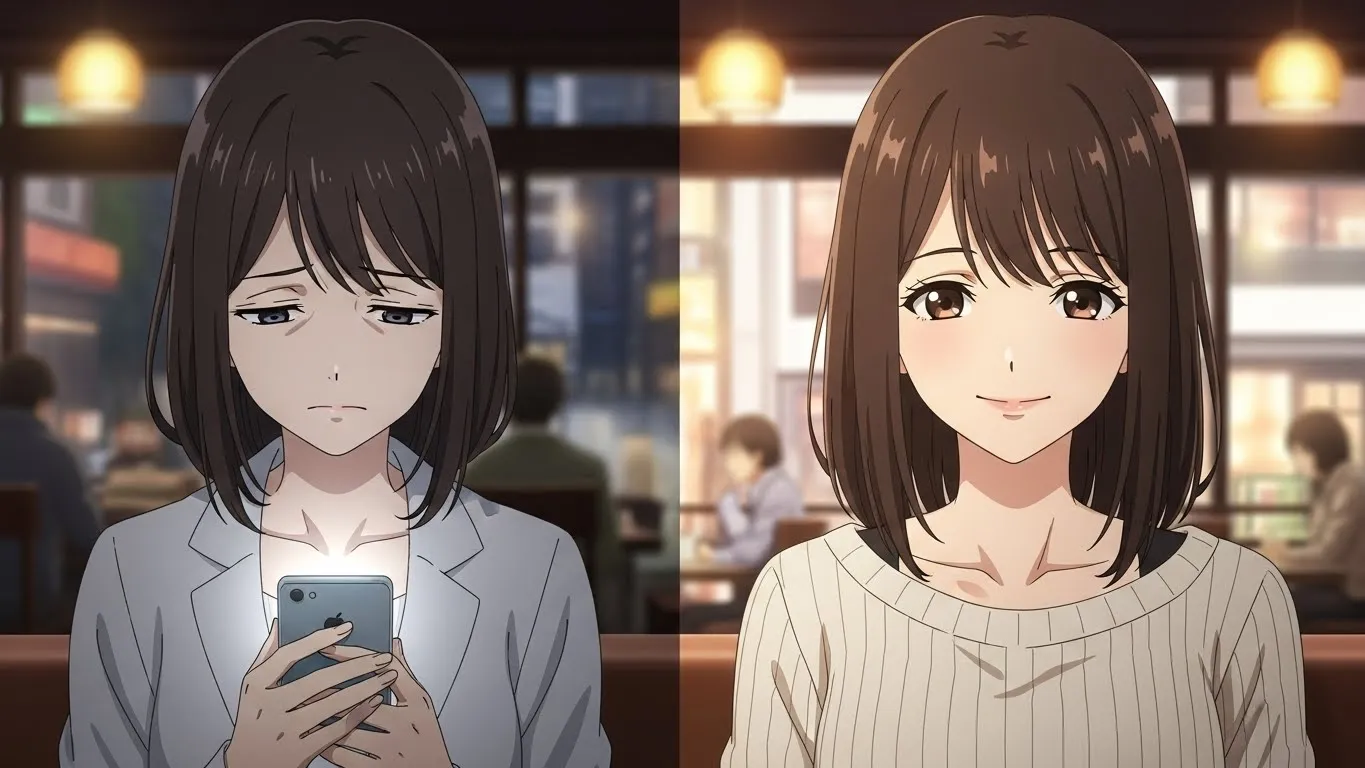 LINEでは冷たい表情、会うと優しく微笑む女性のギャップを描いたアニメイラスト。左右に対比された構図で、感情の違いを表現している。