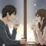 夜のカフェで向かい合い、温かい飲み物を手に会話する男女のイラスト。男性は少し戸惑った表情で、女性は笑顔を向けている