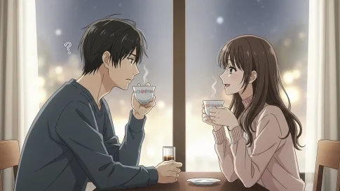 夜のカフェで向かい合い、温かい飲み物を手に会話する男女のイラスト。男性は少し戸惑った表情で、女性は笑顔を向けている