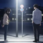 夕暮れの空の下、男女が向かい合って立つアニメ風イラスト。遠くに沈む太陽が2人の間を照らし、別れの切なさと希望が同時に感じられる情景。