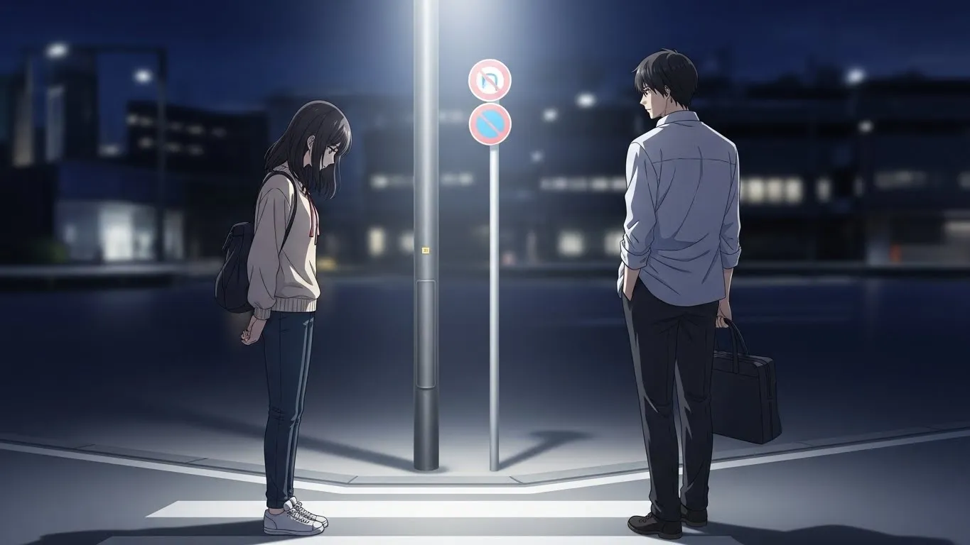 夕暮れの空の下、男女が向かい合って立つアニメ風イラスト。遠くに沈む太陽が2人の間を照らし、別れの切なさと希望が同時に感じられる情景。