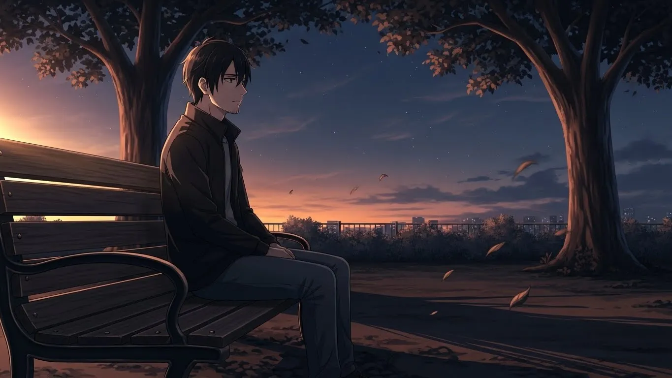 夕暮れの公園のベンチに座る男性のアニメ風イラスト。考え込むように遠くを見つめ、静かな風が木々を揺らしている。心の葛藤と孤独を表現した情景。