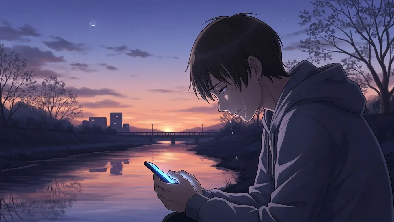 夕暮れの河川敷でスマートフォンを見つめる男性のアニメイラスト。涙を流しながら考え込む姿が、言えない本音や葛藤を表現している。