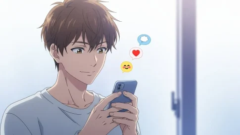 LINEで絵文字を使う男性が見せる心理の違いを表したイラスト。明るく絵文字を多用する男性と、落ち着いた印象で絵文字を控えめに使う男性を対比して描いている。