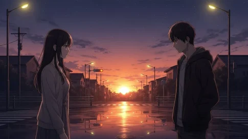 夕暮れの街角で向かい合う男女のアニメイラスト。距離を感じながらも切ない表情で見つめ合う二人を描いた、いい感じだったのにそっけない男性の象徴的なシーン