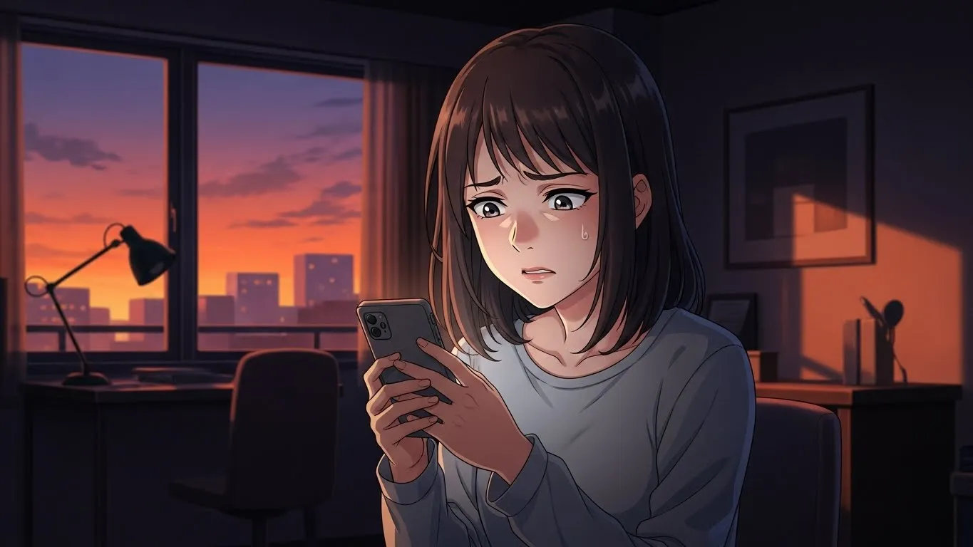 夕暮れの部屋でスマートフォンを見つめて不安そうな表情を浮かべる女性。送信を迷う様子を描いたアニメイラスト