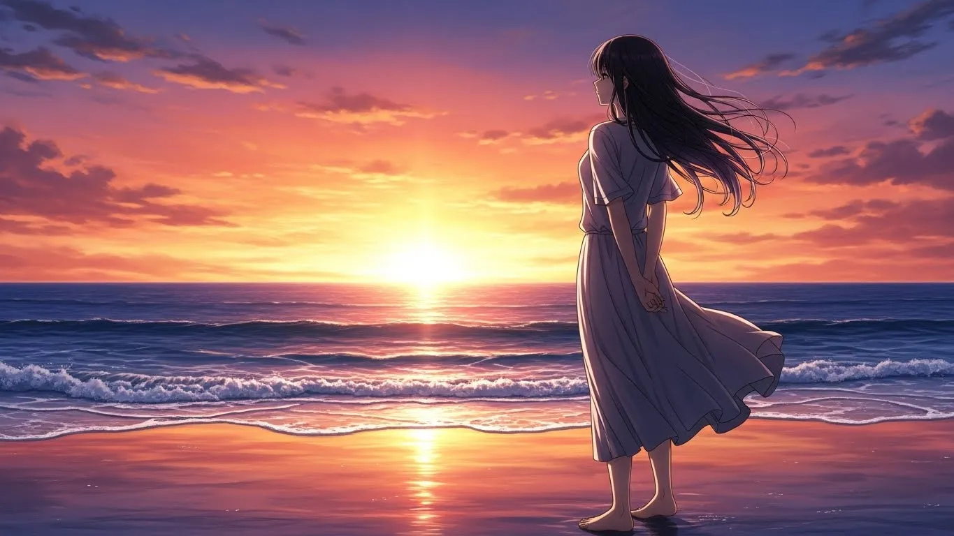 夕暮れの海辺で一人立つ女性のアニメイラスト。沈む夕日を見つめながら、片思いを続けるか迷う切ない瞬間を描いている。