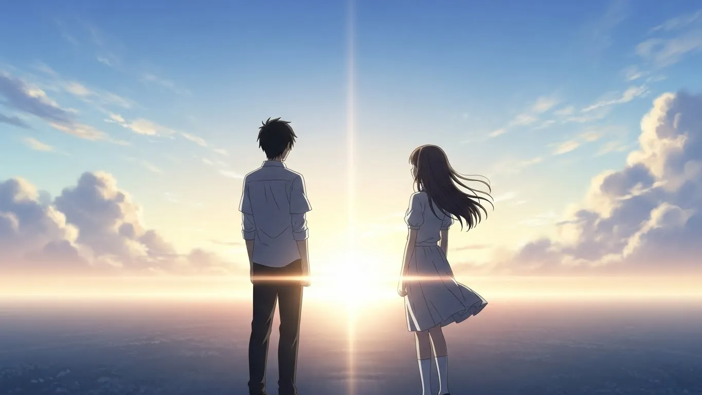 朝焼けの空の下、少し距離を置いて立つ男女のアニメ風イラスト。柔らかな光が2人を包み、別れの中にも希望を感じさせる穏やかな雰囲気。