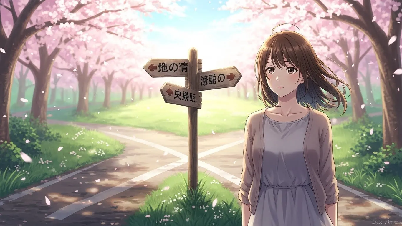 桜並木の分かれ道で立ち止まり、進む方向を考える女性のアニメイラスト。春の柔らかな光が差す中で迷いと希望を感じさせる