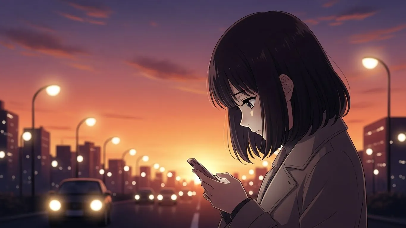 夕暮れの街でスマートフォンを見つめながら立ち止まる女性。オレンジ色の空と街灯に照らされ、少し切ない表情を浮かべているアニメイラスト