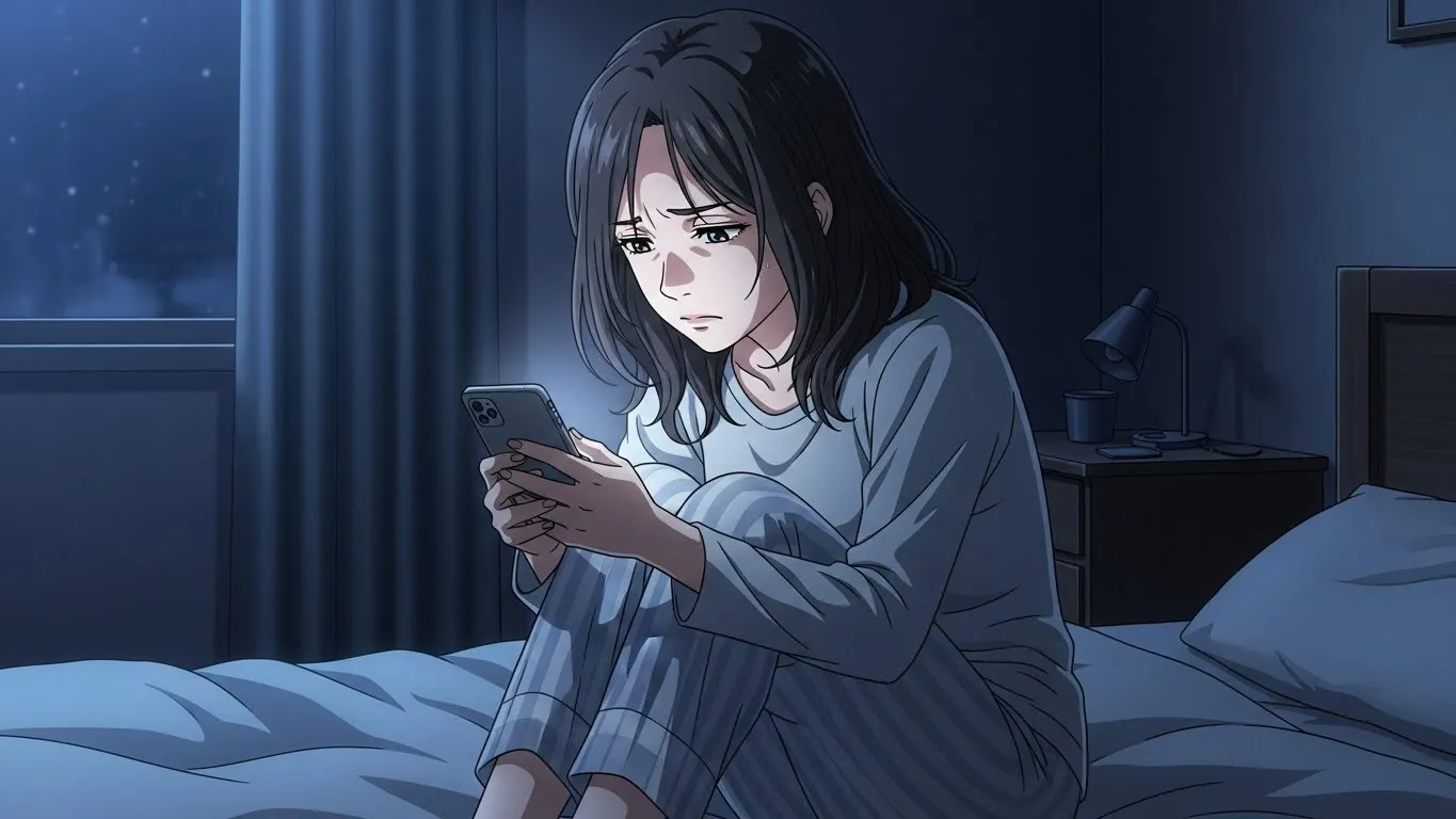 夜の部屋でベッドの上に座り、スマートフォンを見つめながら悩む女性。LINEがそっけない彼氏との関係を続けるか迷っている様子を描いたアニメイラスト。