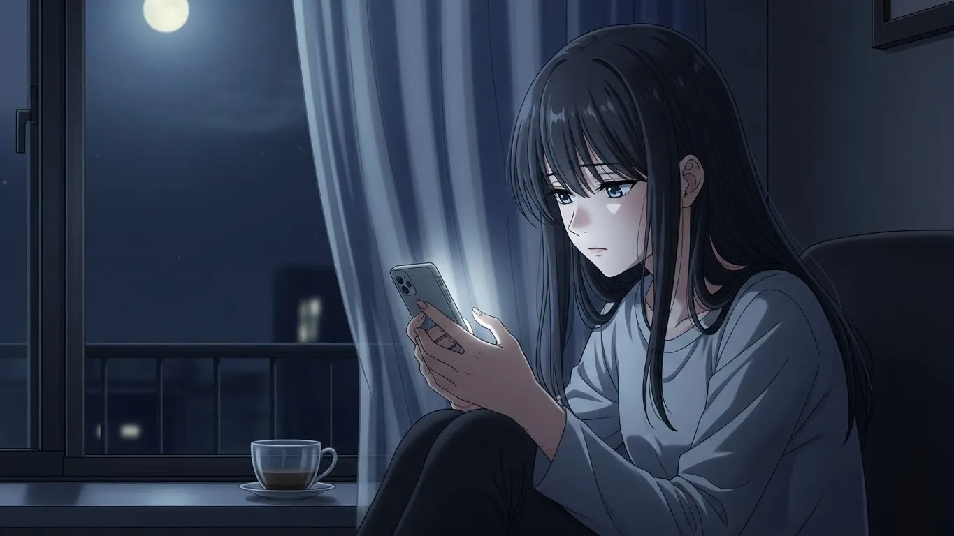 夜の部屋でスマホを見つめる女性のアニメイラスト。月明かりの中で恋愛に悩む姿が描かれ、関係を続けるか迷う心情を表現した切ない雰囲気。