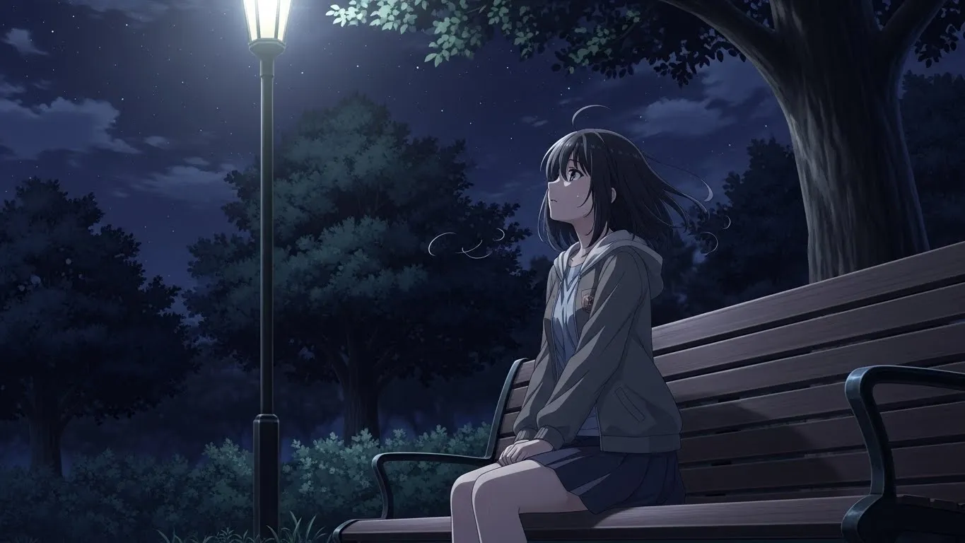 夜の公園でベンチに座り、星空を見上げながら考え込む女性のアニメイラスト。恋愛関係を続けるか悩む気持ちと静かな決意を表現している。