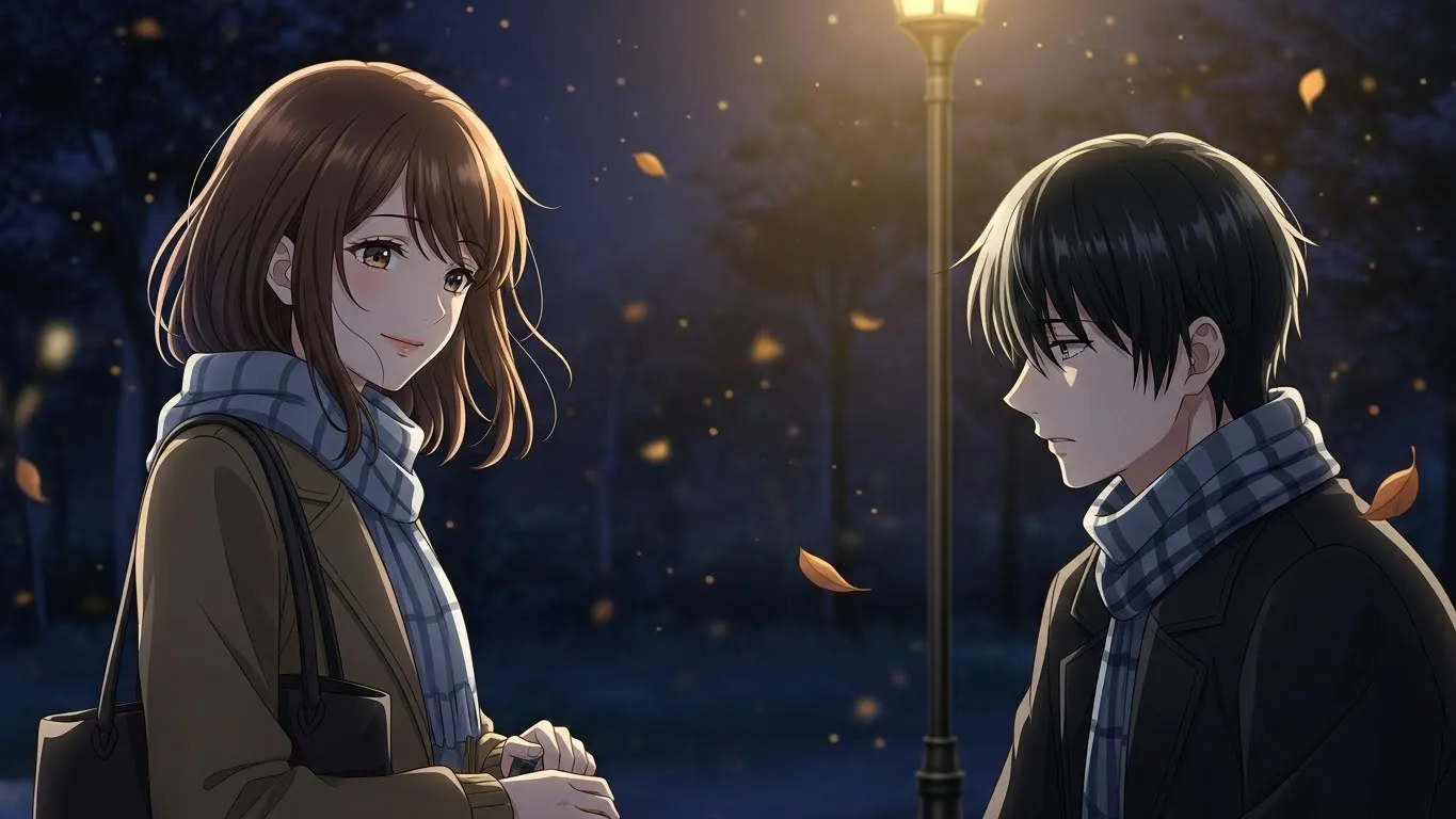 夜の公園で、女性が優しく微笑みながらも距離をとるアニメイラスト。男性は切なげな表情で見つめ返し、街灯の光と落ち葉が静かな空気を演出している。