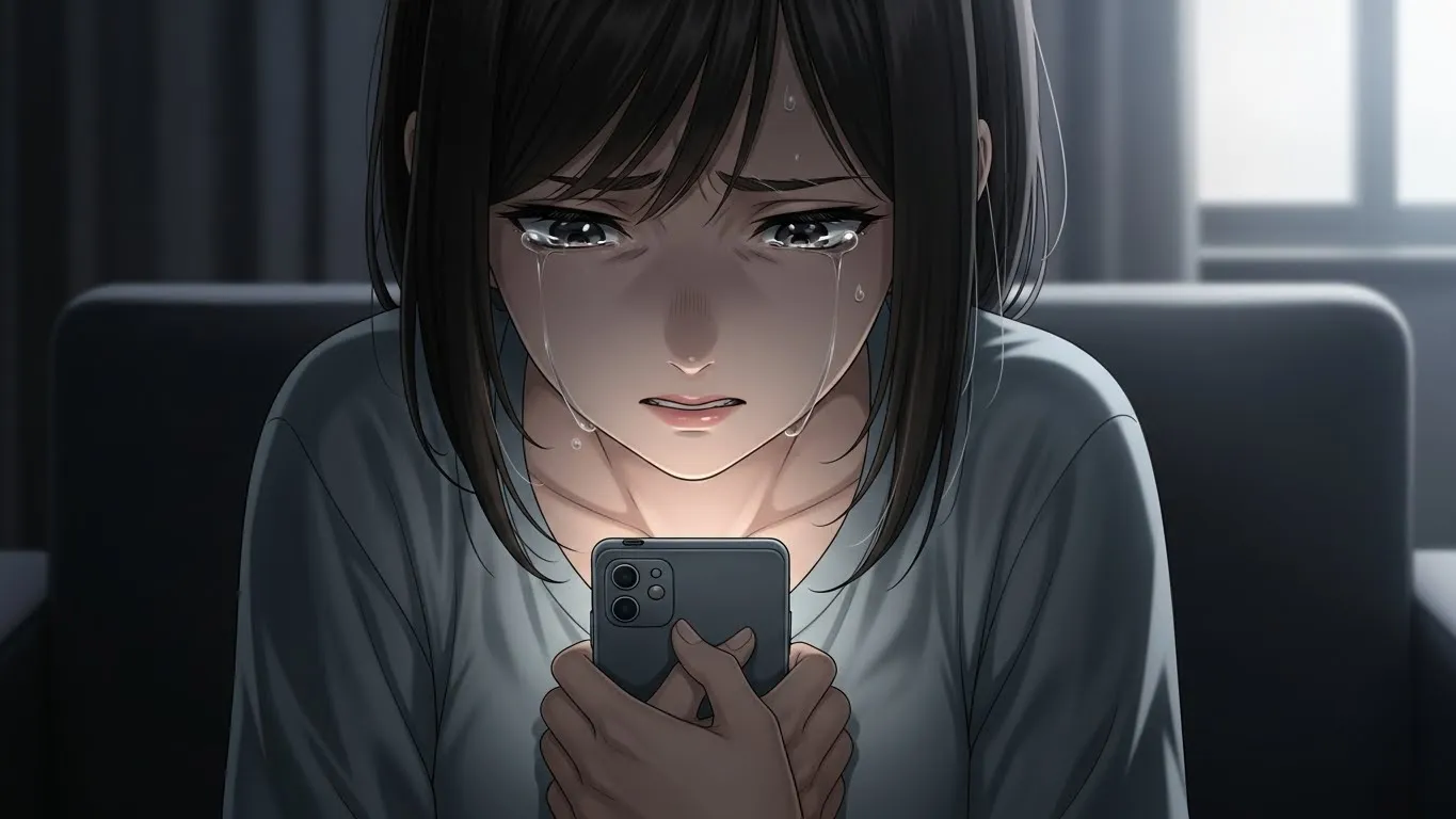 部屋の中で涙をこらえながらスマートフォンを握る女性のアニメイラスト。恋愛の不安や孤独感をリアルに描いている。