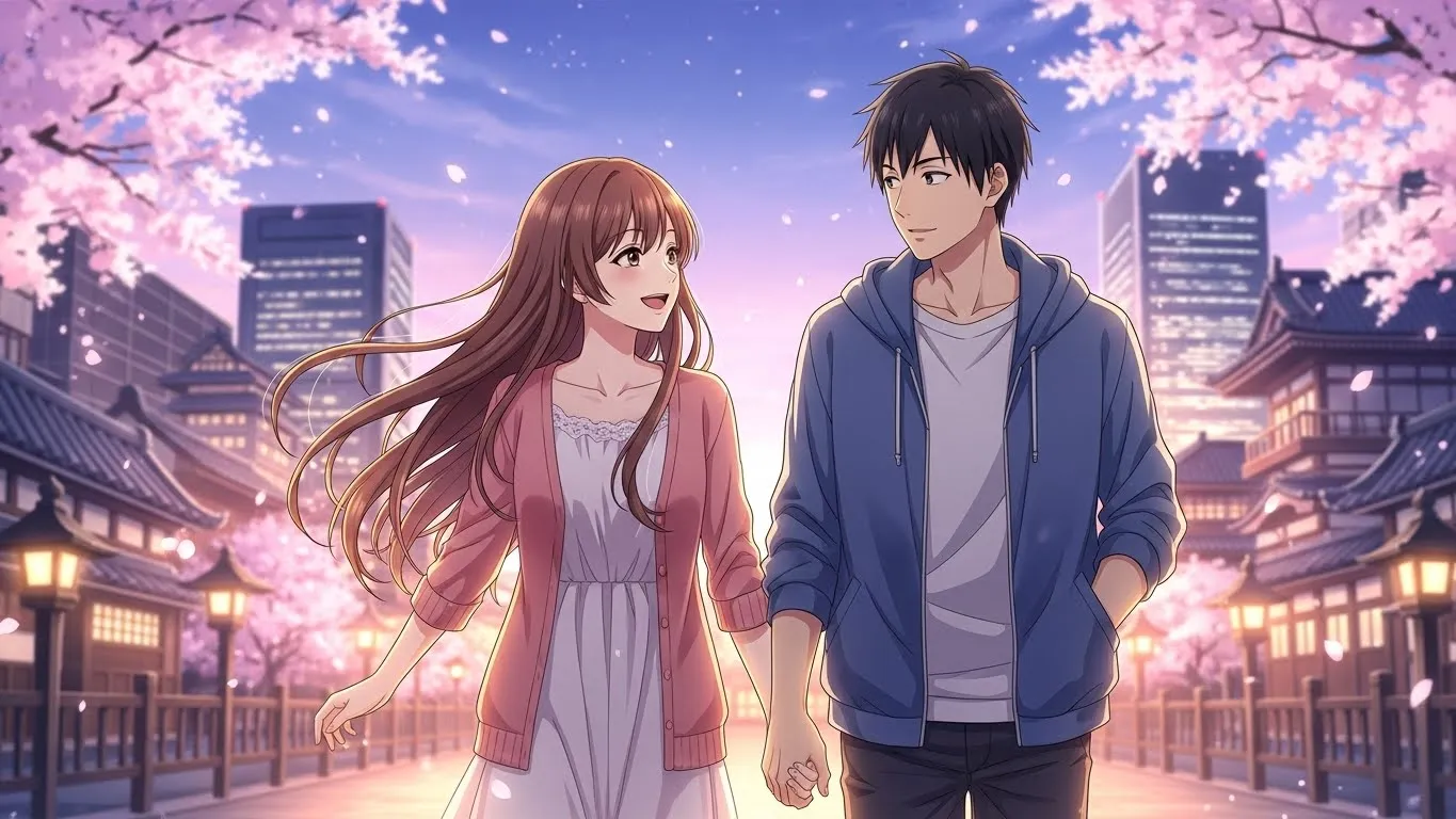 春の夕暮れ、桜並木の道で男女が手をつなぎながら微笑み合うアニメイラスト。温かい光と優しい表情が、信頼関係と恋愛の前向きな気持ちを表現している。