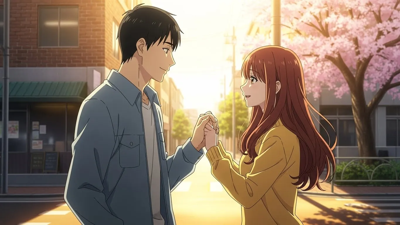 桜並木の下で手を取り合い、優しく見つめ合う男女のアニメイラスト。LINEよりも会ったときの行動で気持ちを確かめる恋愛の大切さを表現している。