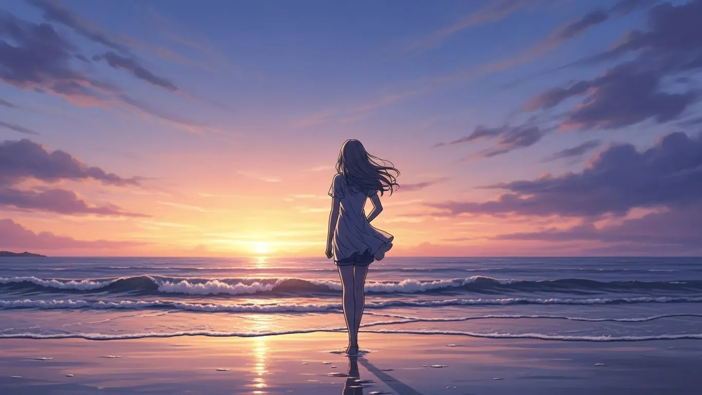 夕焼けの海辺に立つ女性の後ろ姿のアニメ風イラスト。風に髪をなびかせながら静かに海を見つめ、前向きに新しい一歩を踏み出そうとする穏やかな雰囲気の情景。