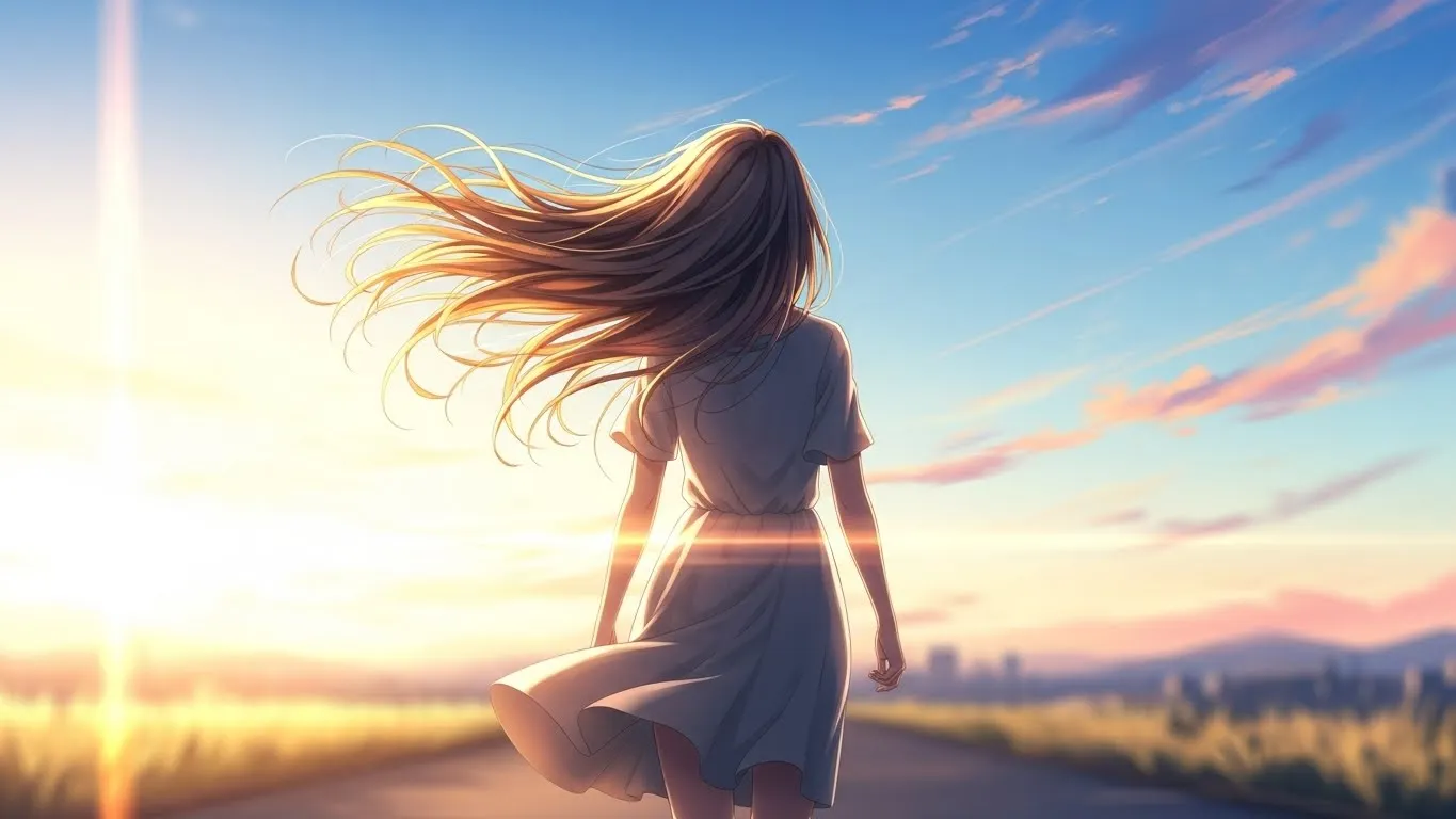 朝日を浴びながら道を歩き出す女性の後ろ姿のアニメイラスト。髪が風に揺れ、希望と再出発を感じさせる明るい雰囲気
