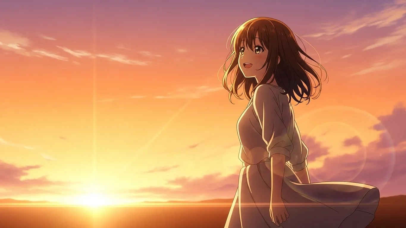 夕焼けの中で穏やかに微笑む女性のアニメイラスト。前向きに歩き出す姿が、恋愛で自立する強さと希望を象徴している。