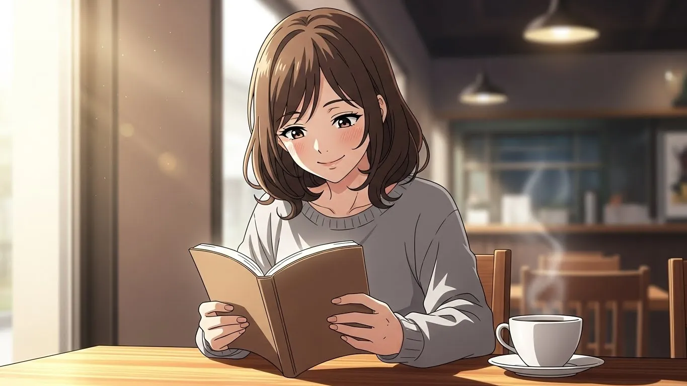 カフェのテーブルで本を読みながら微笑む女性。柔らかな朝の光が差し込み、穏やかな雰囲気の中で前向きな気持ちを感じるアニメ風イラスト