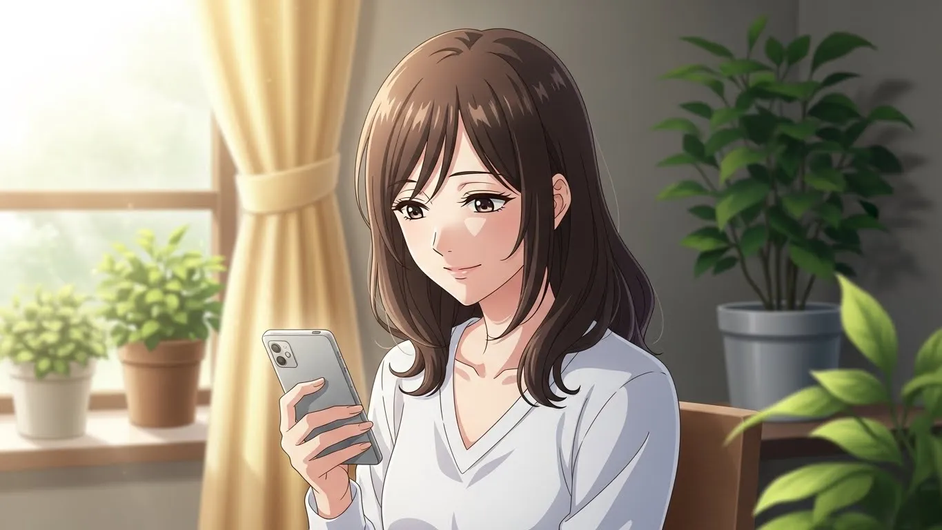 朝の光が差し込む部屋で、女性が微笑みながらスマホを見つめているアニメイラスト。連絡こないけど会うと優しい男性の本音を理解し、前向きな気持ちで恋を見極める様子を描いたシーン。