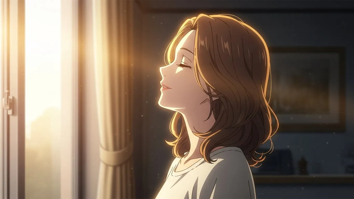 朝日を浴びながら目を閉じて深呼吸する女性のアニメイラスト。片思いを乗り越えて前を向く明るい気持ちを表現している。