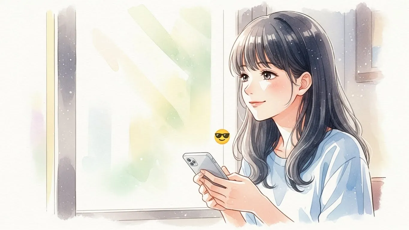 柔らかな光の差す部屋でスマートフォンを持つ女性。画面に😎サングラスで笑顔の絵文字が表示され、余裕と繊細さを感じさせる穏やかな笑顔のアニメ風イラスト。