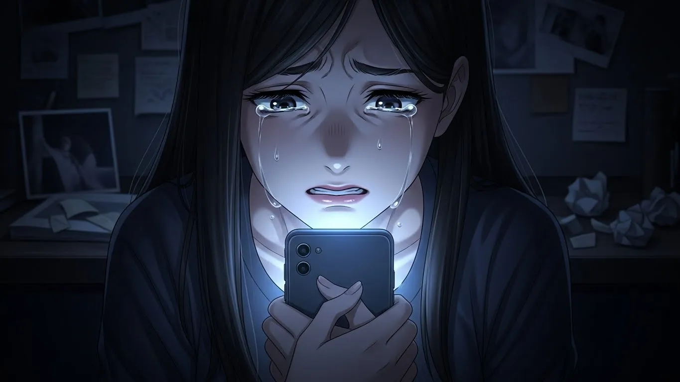夜の部屋でスマートフォンを握りしめ、涙を流しながら画面を見つめる女性のアニメ風イラスト。感情を抑えきれず苦しむ姿が印象的で、別れの悲しみと葛藤を表現している情景。