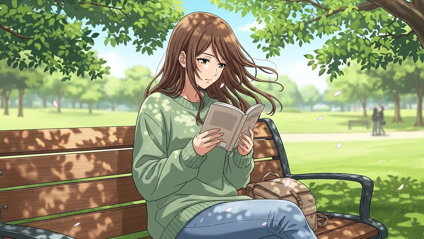 公園のベンチで本を読みながら穏やかに微笑む女性のアニメイラスト。木漏れ日が差し込み、心を落ち着けるような平和な雰囲気