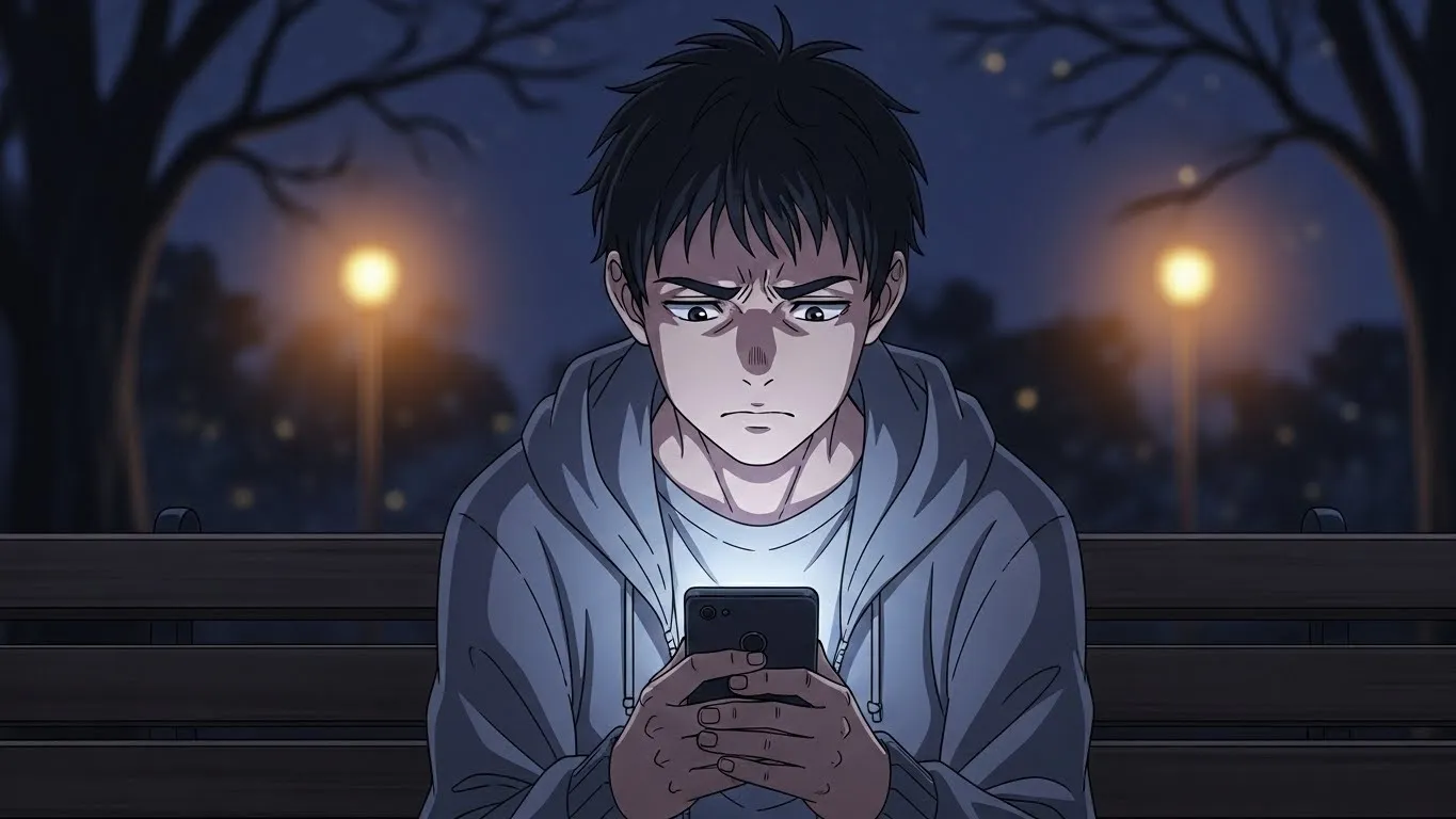 夜の公園のベンチでスマートフォンを見つめる男性のアニメイラスト。真剣な表情でメッセージを見ている姿が描かれている。
