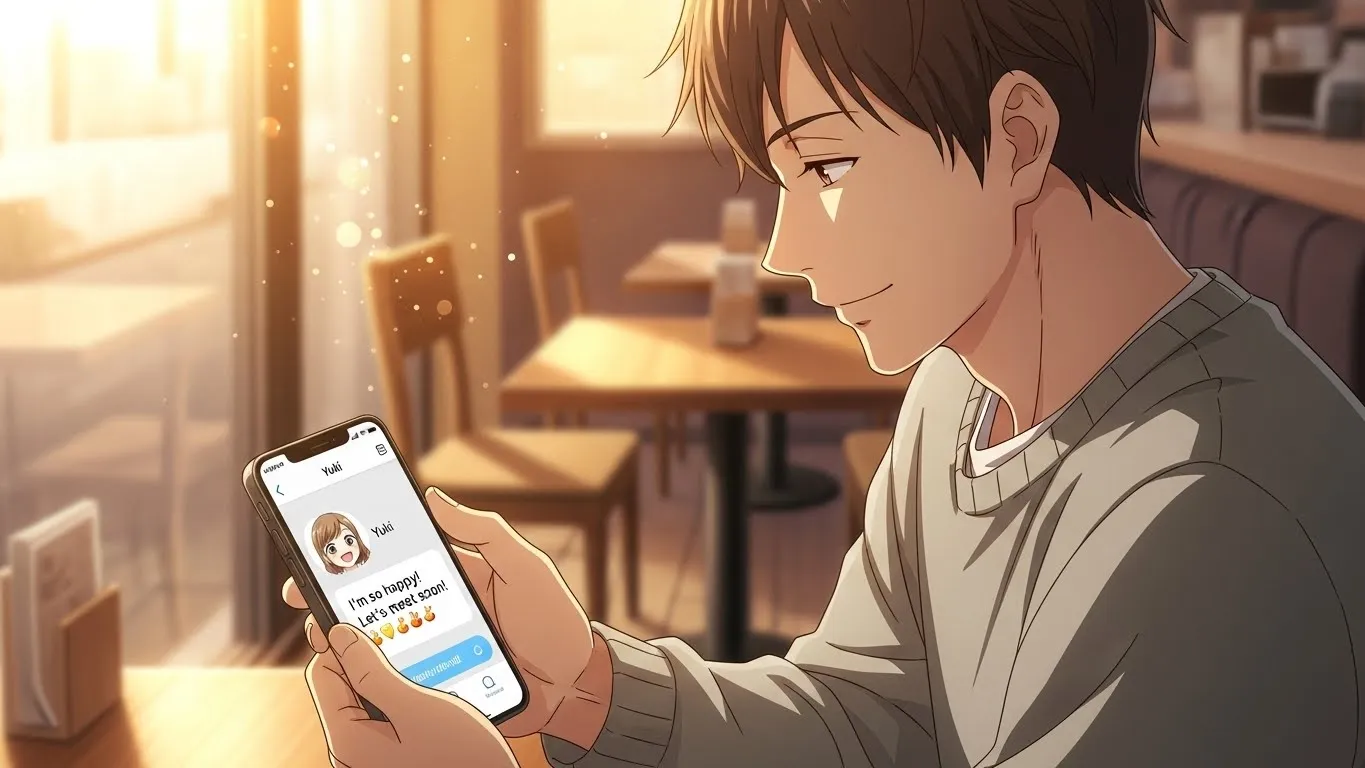 夕暮れのカフェでスマートフォンを見つめながら微笑む男性のアニメイラスト。メッセージを見て優しい表情を浮かべる姿が描かれている。