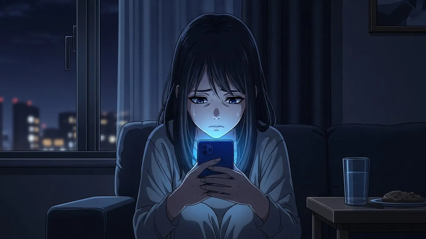 夜の部屋でスマートフォンを見つめて不安そうな表情を浮かべる女性のアニメイラスト。窓の外には都会の夜景が広がる。