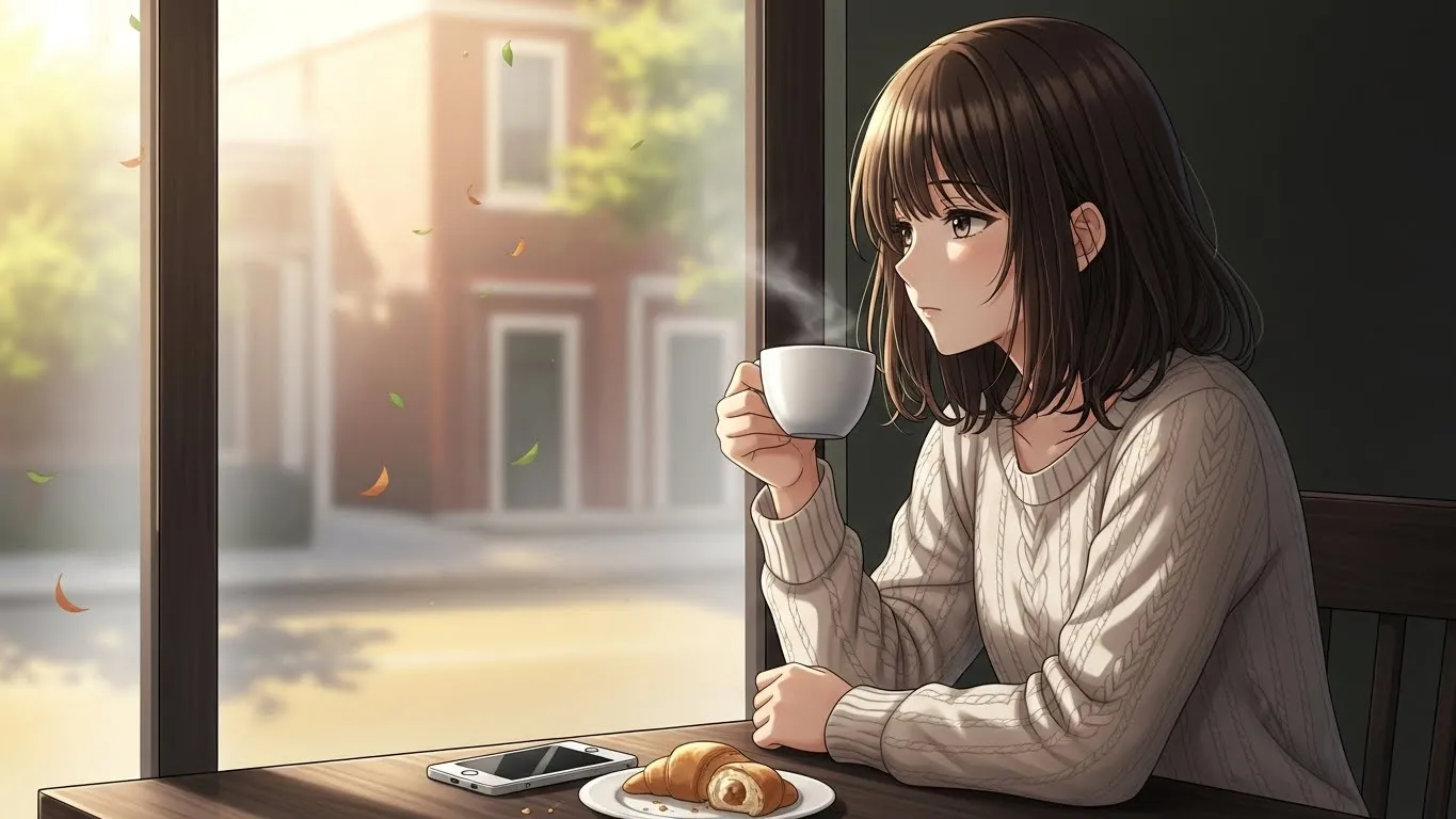 カフェの窓際でコーヒーを飲みながら物思いにふける女性のアニメイラスト。秋の午後の光と落ち葉が漂う静かな雰囲気。