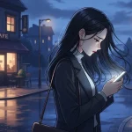夜の街角でスマートフォンを見つめ涙をこぼす女性のアニメイラスト。カフェの前で立ち止まり、男性が背を向けている切ない情景。