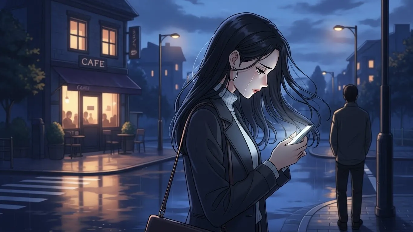 夜の街角でスマートフォンを見つめ涙をこぼす女性のアニメイラスト。カフェの前で立ち止まり、男性が背を向けている切ない情景。