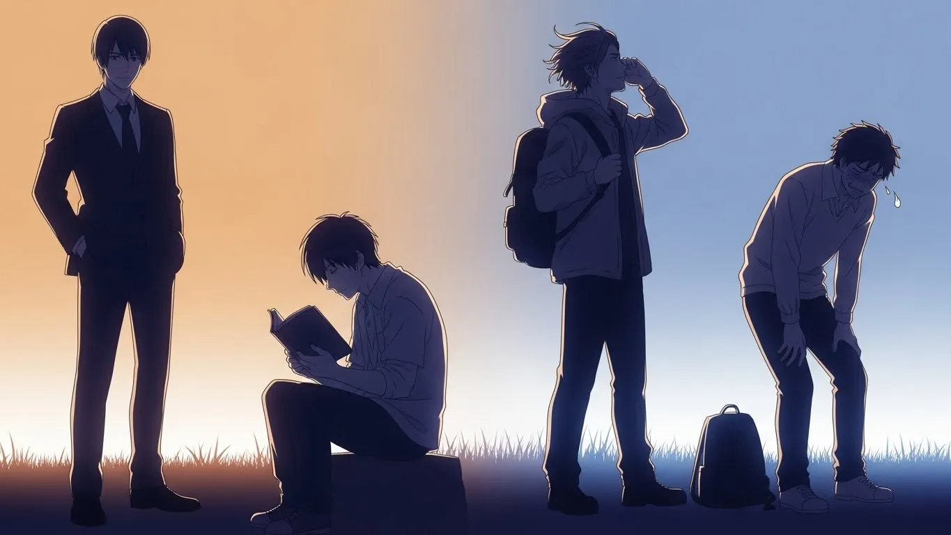 夕暮れの空を背景に、異なる性格を象徴する4人の男性シルエットが並ぶアニメイラスト。仕事・自由・繊細・不器用なタイプの違いを表現